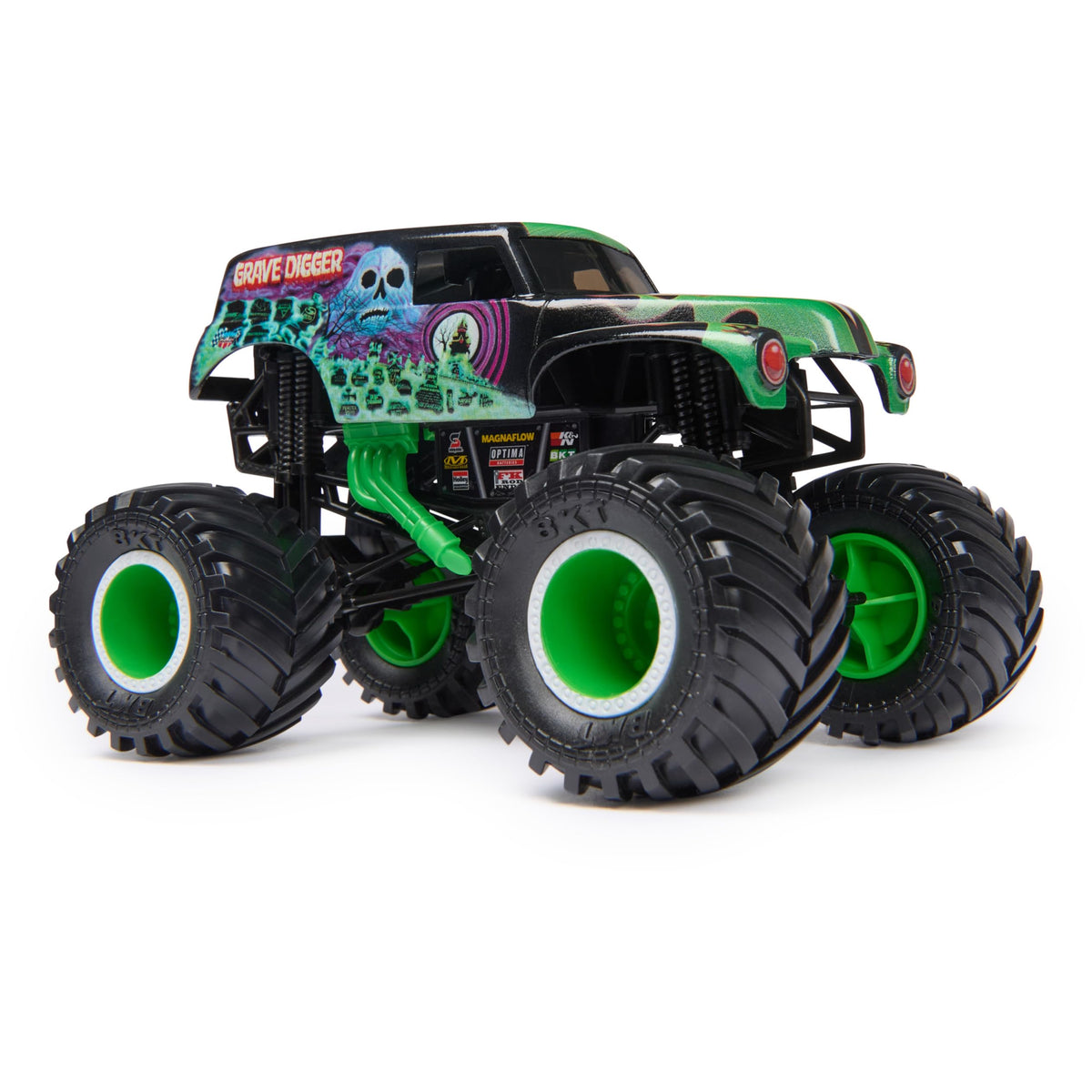 Monster Jam Grave Digger working suspension smooths landings during action-packed jumps.
