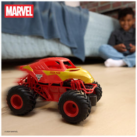 Back view of Monster Jam Iron Man RC truck illustrating sturdy build