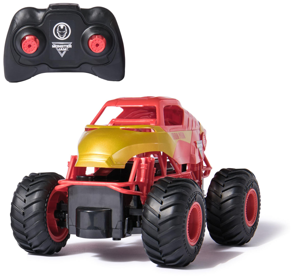 Monster Jam Iron Man RC truck front view with bold Marvel styling for imaginative play