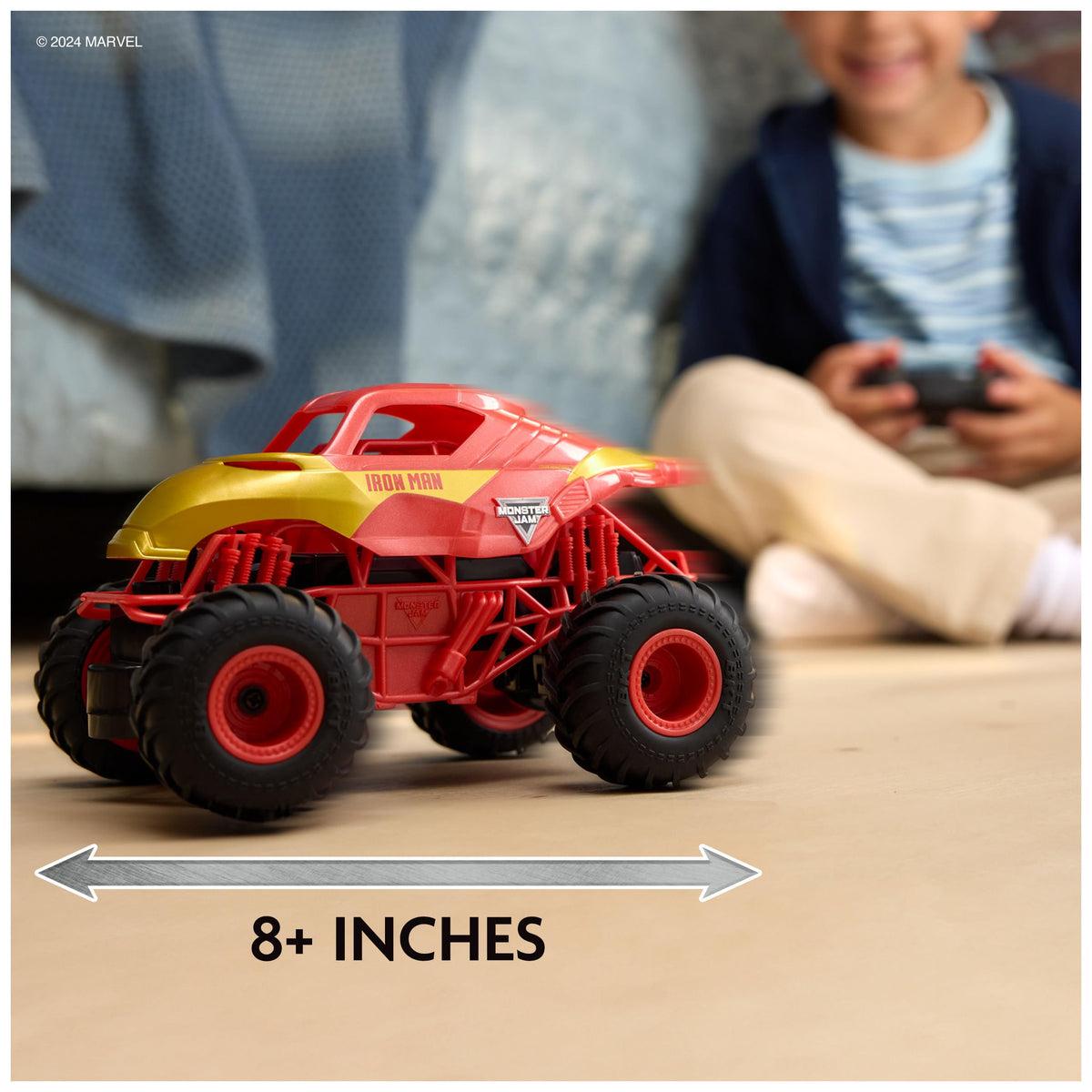 Close-up graphic detail of Monster Jam Iron Man RC truck for authentic branding