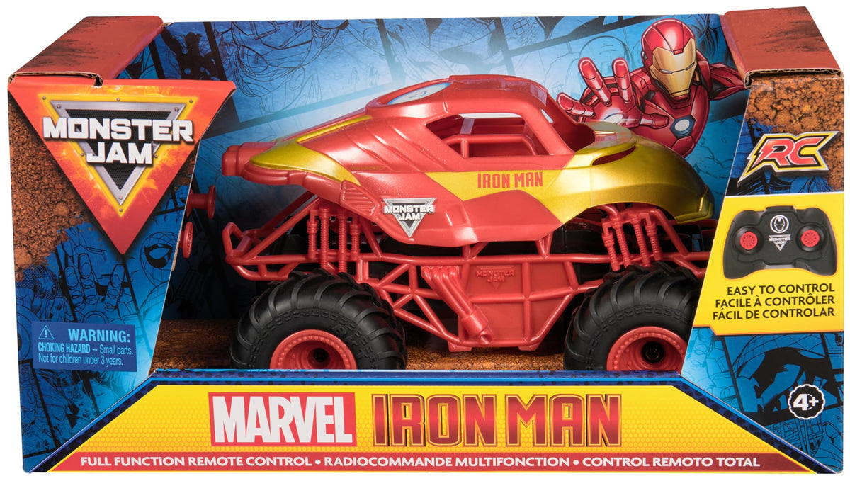 Side view of Monster Jam Iron Man RC truck highlighting compact 1:24 scale for indoor use