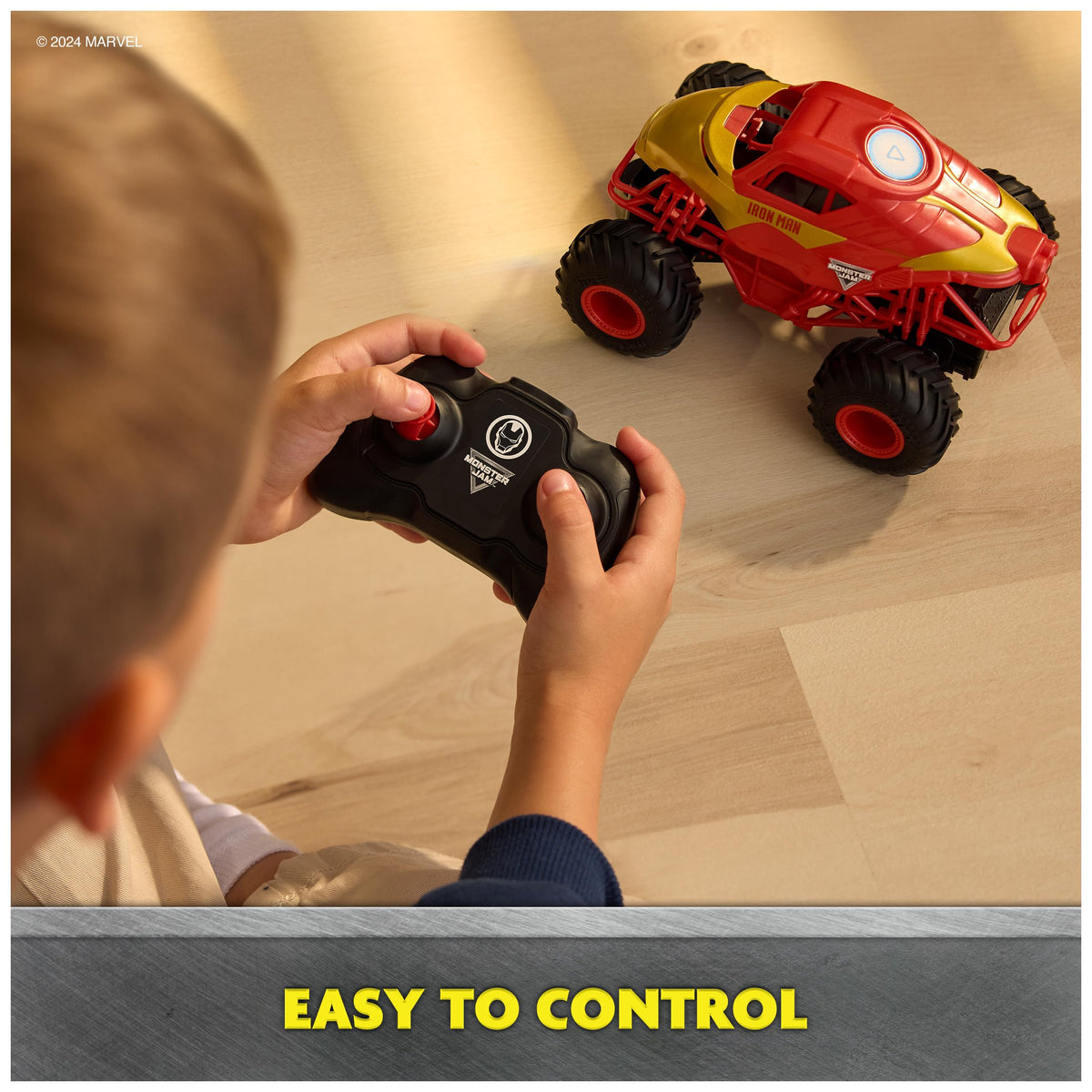 Top-down view of Iron Man RC truck showing rugged tires for indoor-outdoor action
