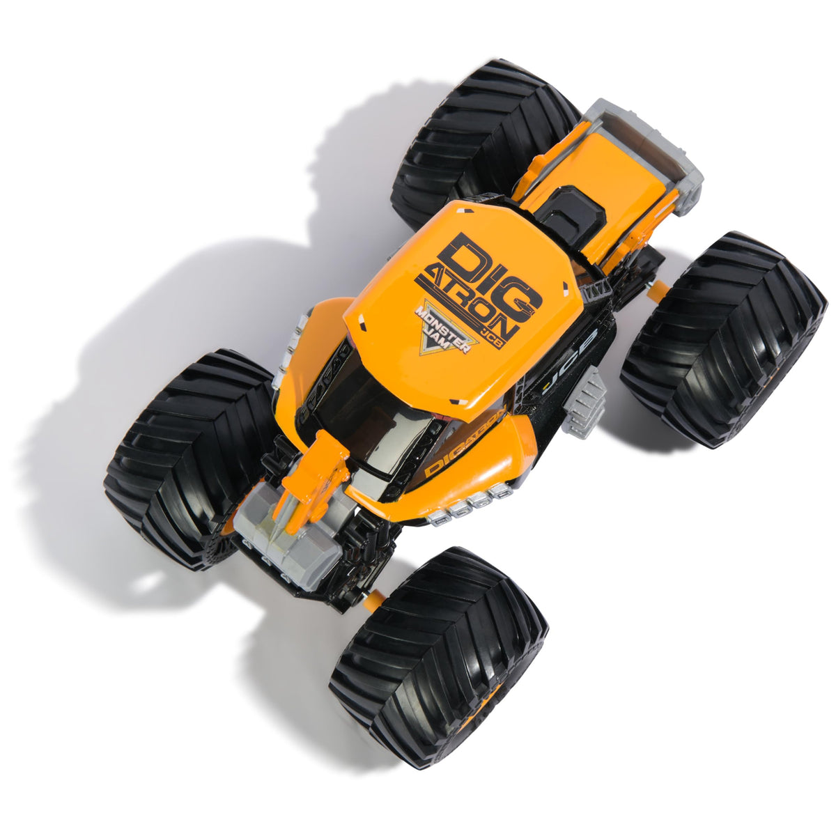Monster Jam JCB DIGATRON chassis close-up emphasizes working suspension for action.