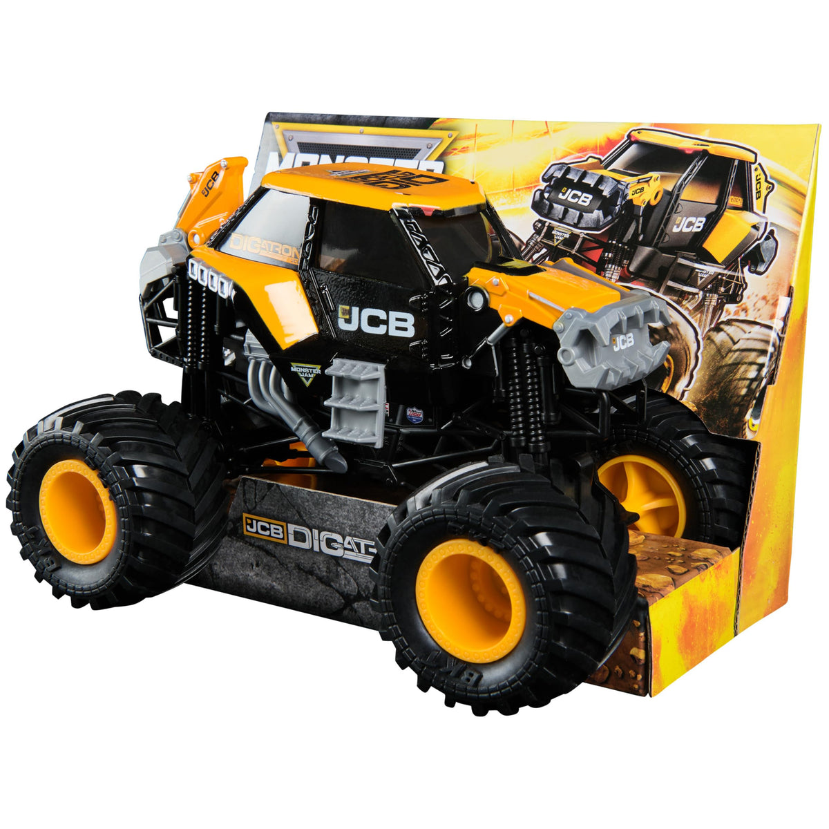 Monster Jam JCB DIGATRON collectible truck ideal for shelf or playset.
