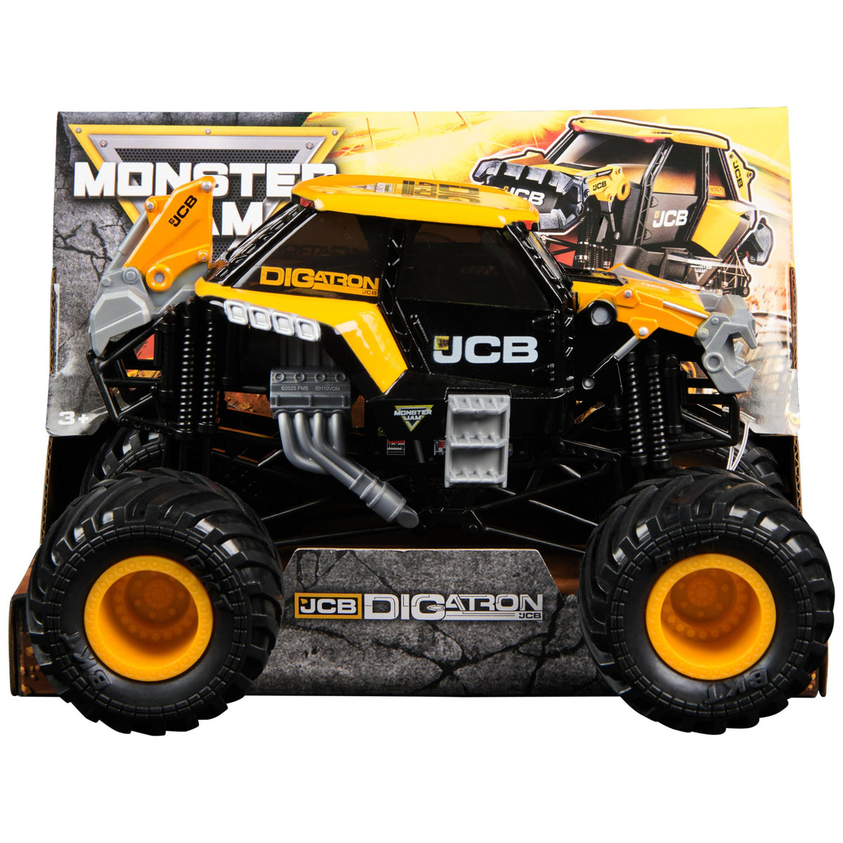 Monster Jam JCB DIGATRON truck front-angle with authentic graphics for immersive play.