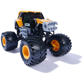 Monster Jam JCB DIGATRON tire detail shows rubber tires for traction.