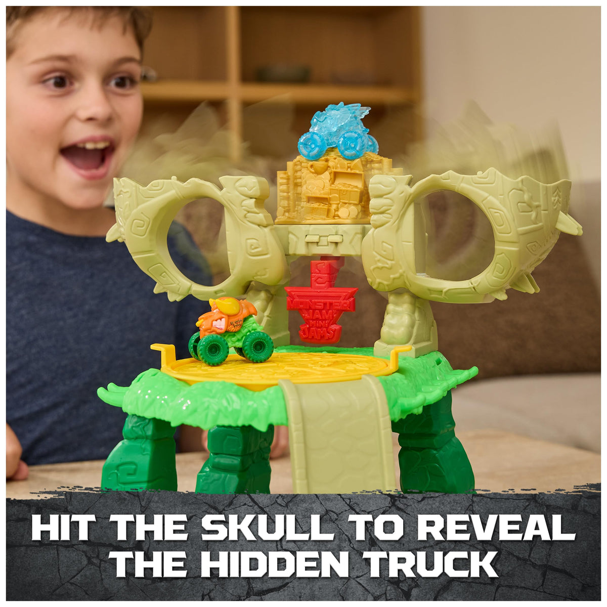 Jungle themed graphics and Monster Jam branding on the playset.