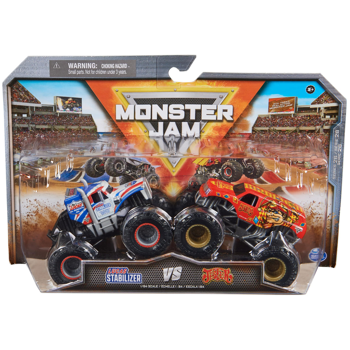 Monster Jam Lucas Stabilizer vs Jester front view highlights bold graphics and authentic details.