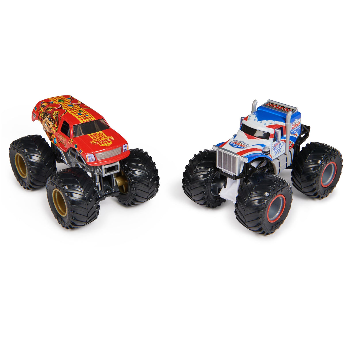 Monster Jam Lucas Stabilizer vs Jester side view shows dynamic stance and scale realism.
