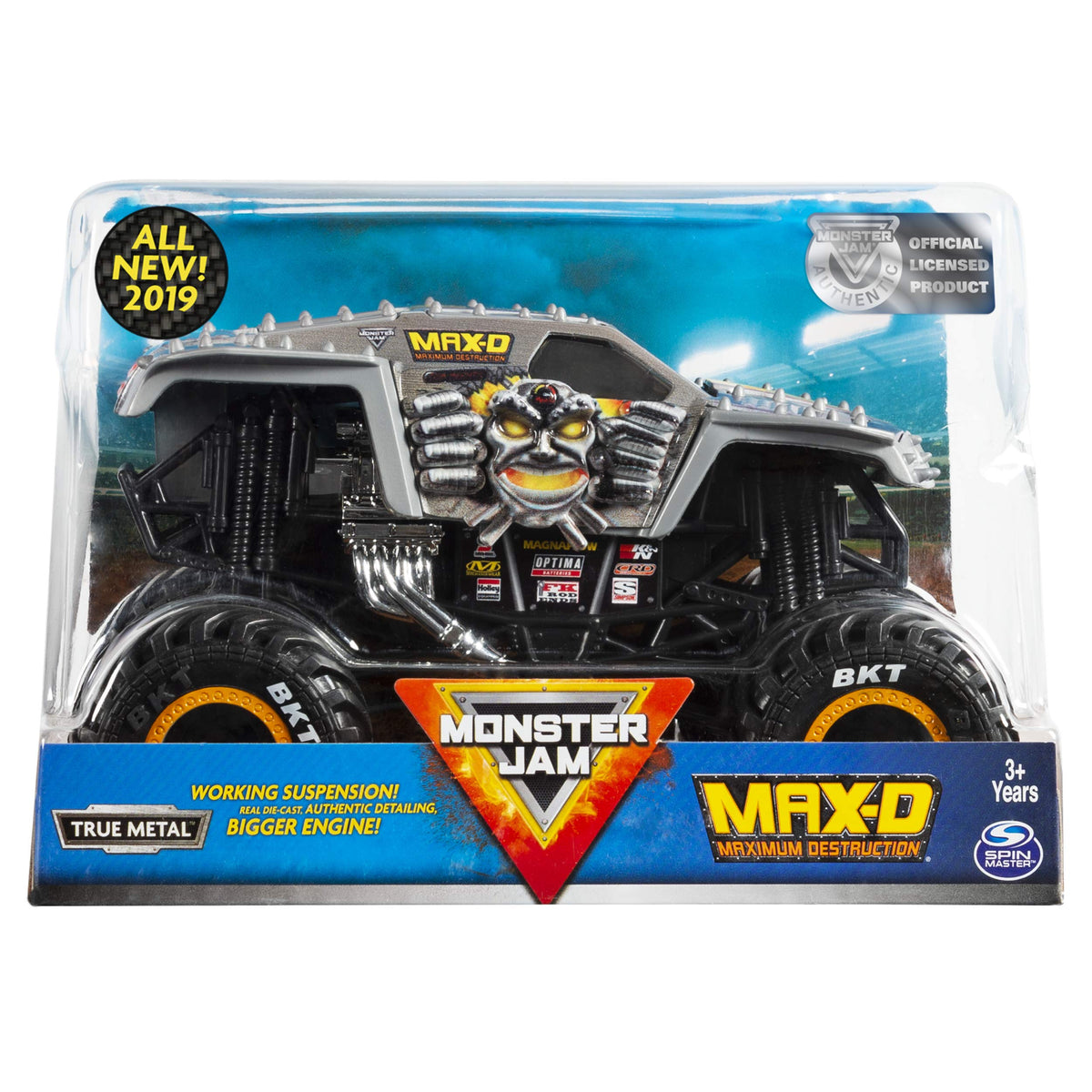 Monster Jam Max D 1:24 scale die-cast with rugged tires for superior traction.