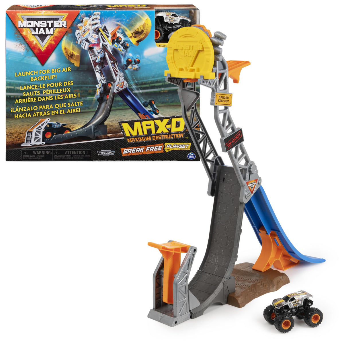 Monster Jam Max-D Break Free playset front view shows the launcher for dynamic jumps.