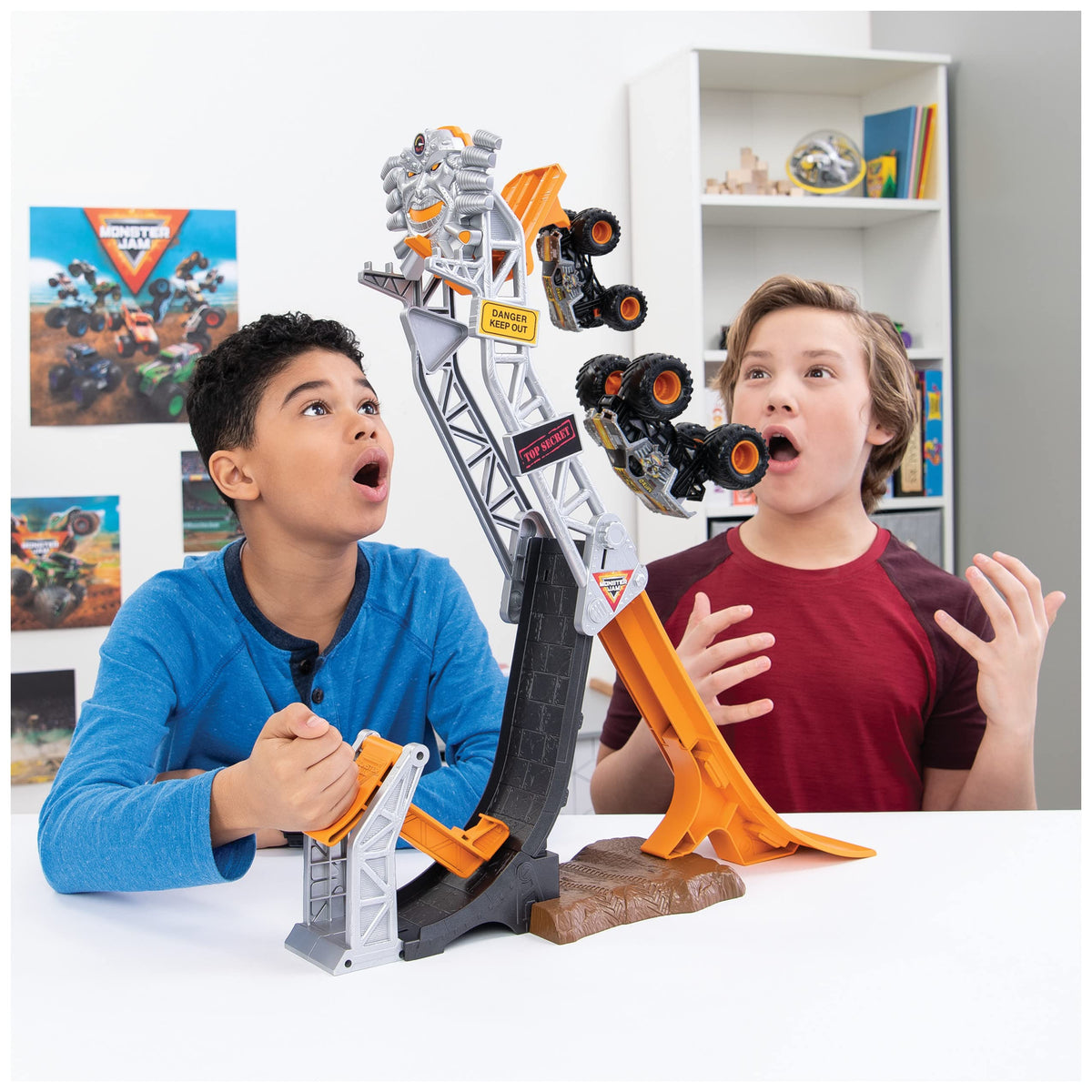 Monster Jam Max-D Break Free playset ramp launcher emphasizes high-flying action for imaginative play.