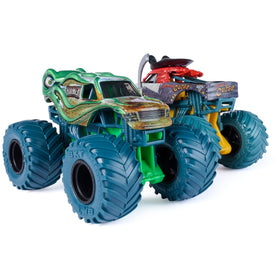 Monster Jam Max-D vs Son-uva Digger 1:64 scale trucks with lifelike details.