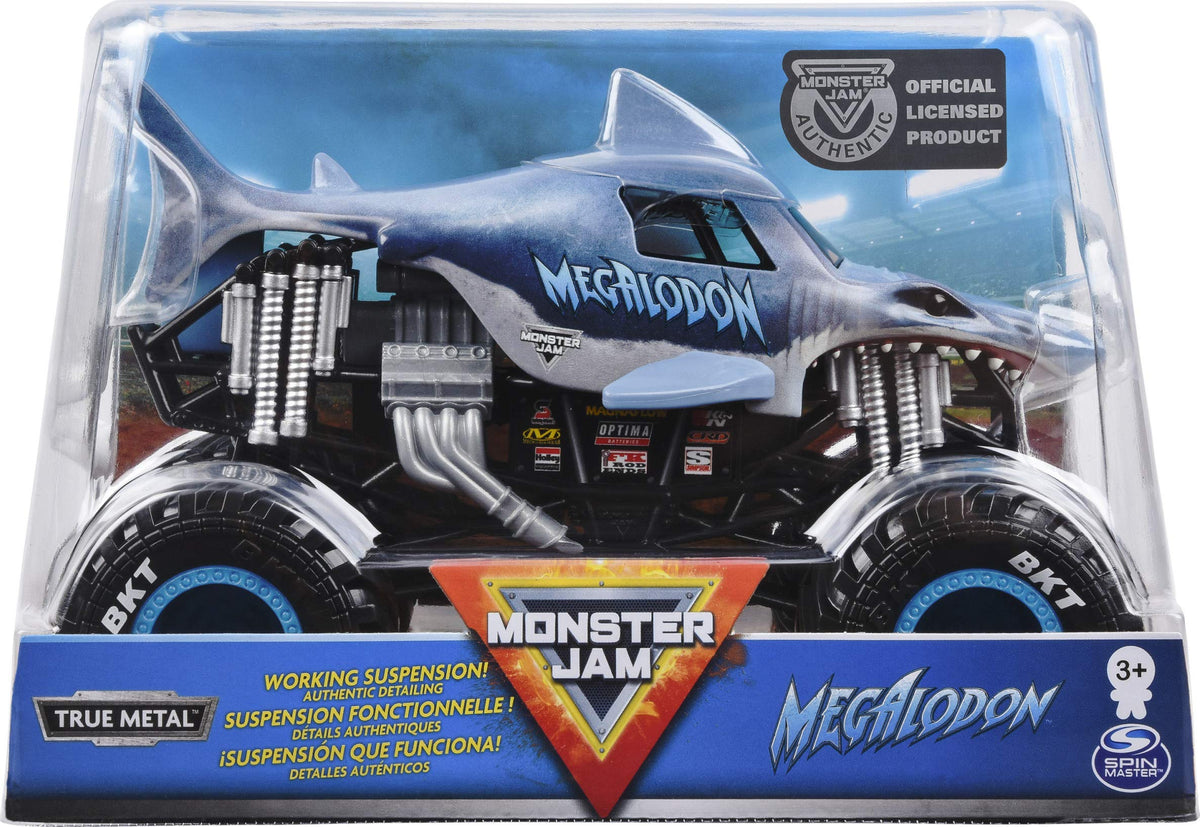 Monster Jam Megalodon 1:24-scale truck on display with authentic styling for play.