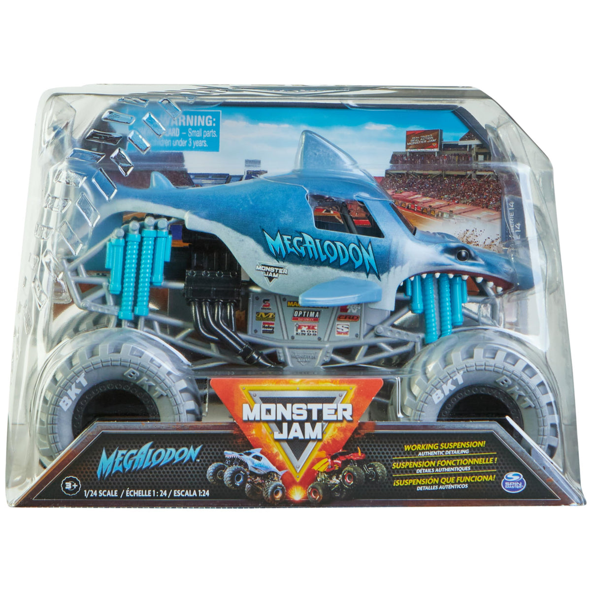 Monster Jam Megalodon 1:24 front view highlights bold graphics for collectors.