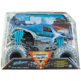 Monster Jam Megalodon 1:24 front view highlights bold graphics for collectors.