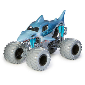 Monster Jam Megalodon 1:24 side view shows sleek chassis and authentic detailing.