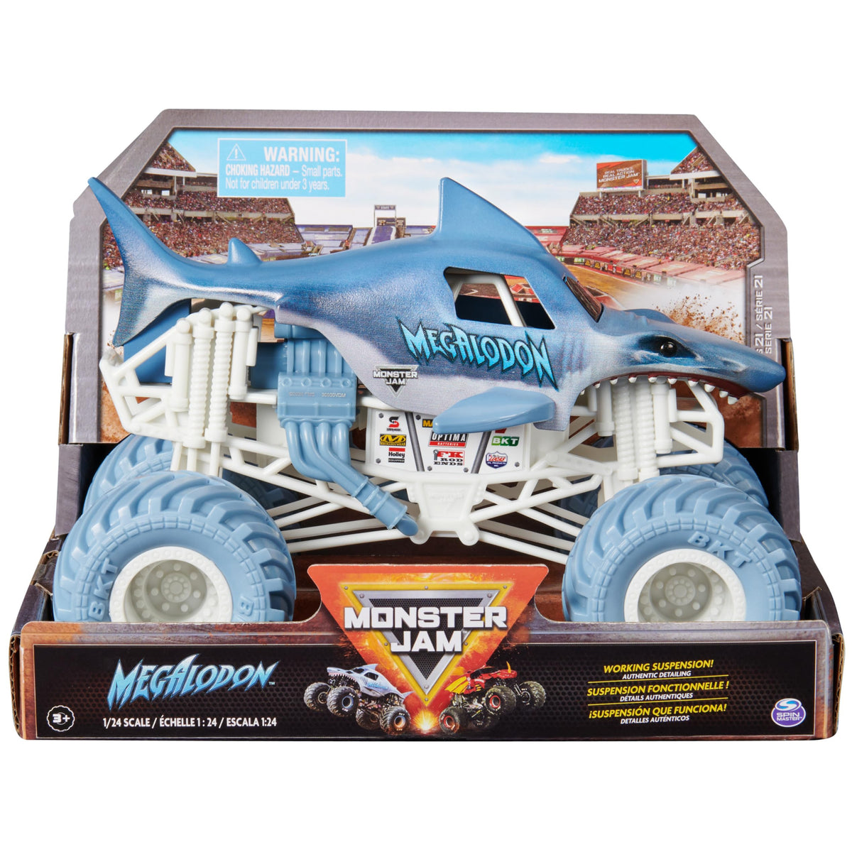 Monster Jam Megalodon 1:24-scale truck with authentic graphics for fans and collectors.