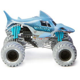 Monster Jam Megalodon 1:24 Rubber BKT tires boost traction during jumps.