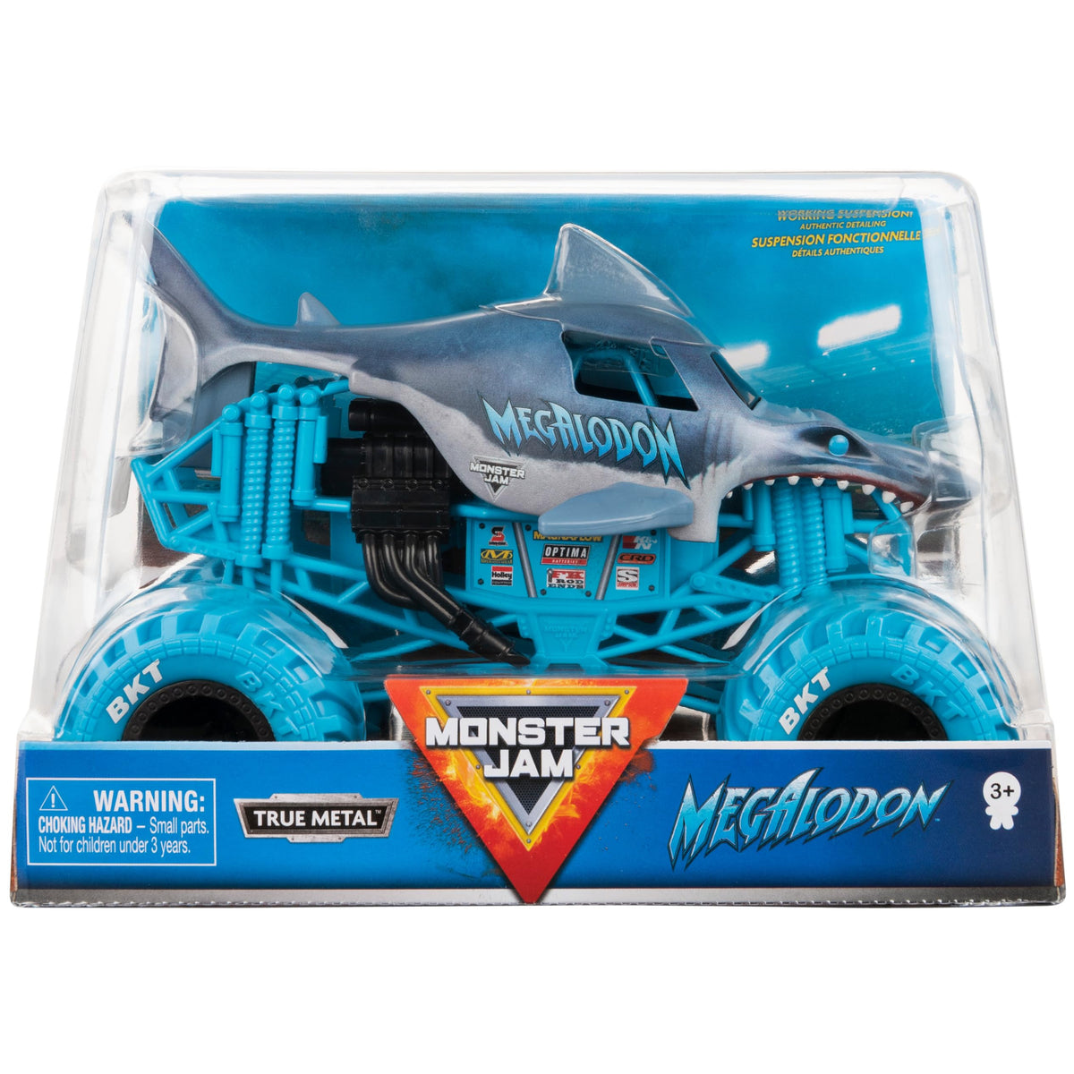 Monster Jam Megalodon 1:24 die-cast truck front view for authentic styling and display