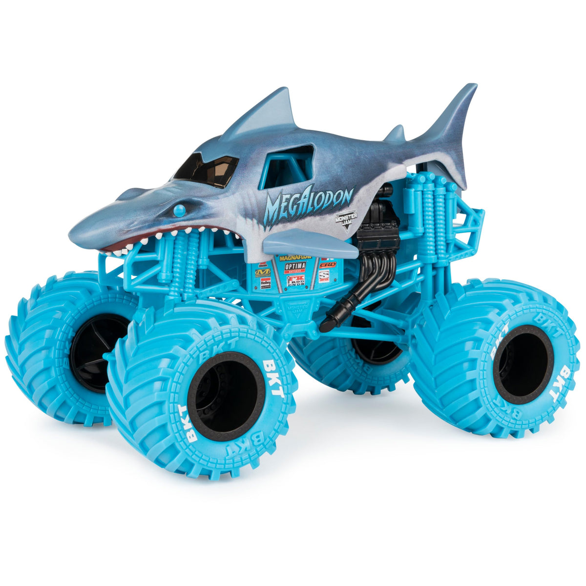 Monster Jam Megalodon 1:24 die-cast truck side view emphasizes bold graphics