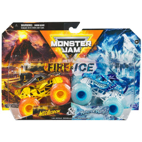 Monster Jam Megalodon Fire Ice 1:64 front view with fiery decals for display