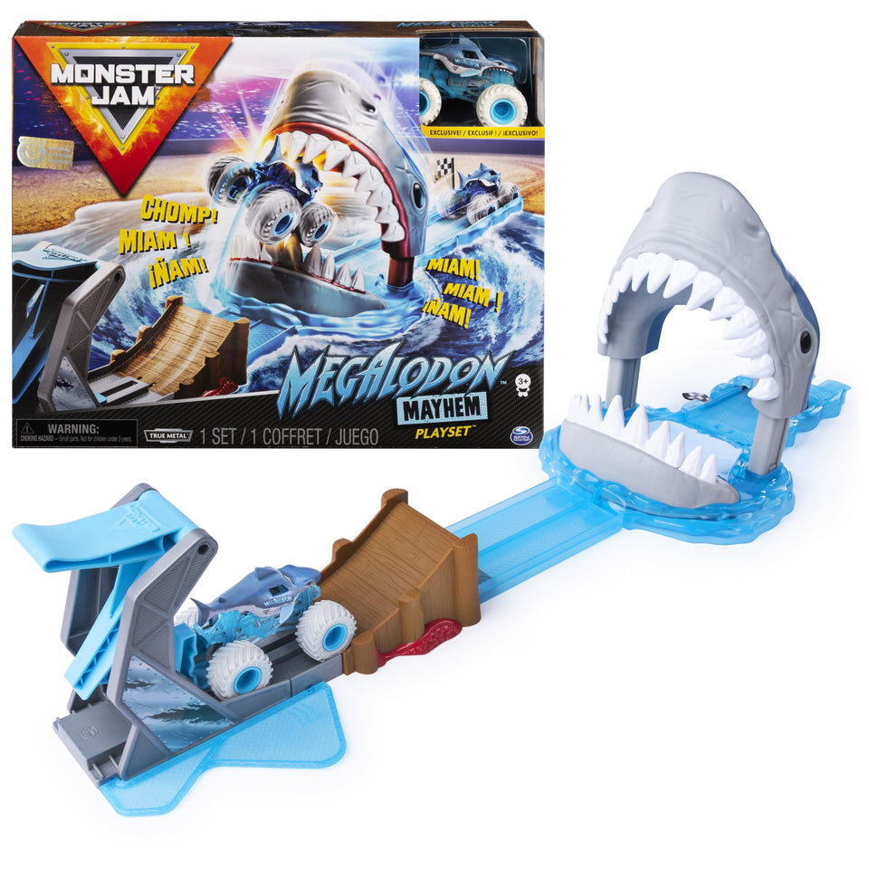 Monster Jam Megalodon Mayhem playset tray with water-like track for dynamic races.