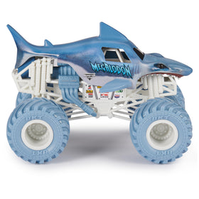 Monster Jam Megalodon's working suspension cushions jumps for smoother action.