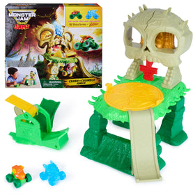 Monster Jam Mini Jams Dragon truck speeds toward the skull escape obstacle for jungle action.