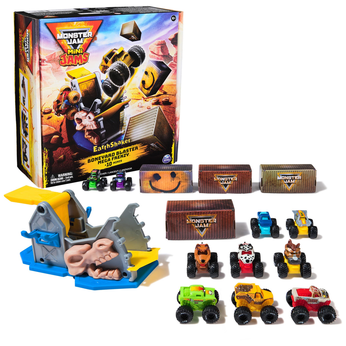 Monster Jam Mini Jams Earthshaker Blaster launcher enables precise target hits during play.