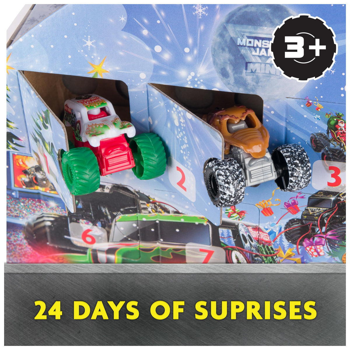 Monster Jam Mini trucks close-up shows 16 figures ready for play.