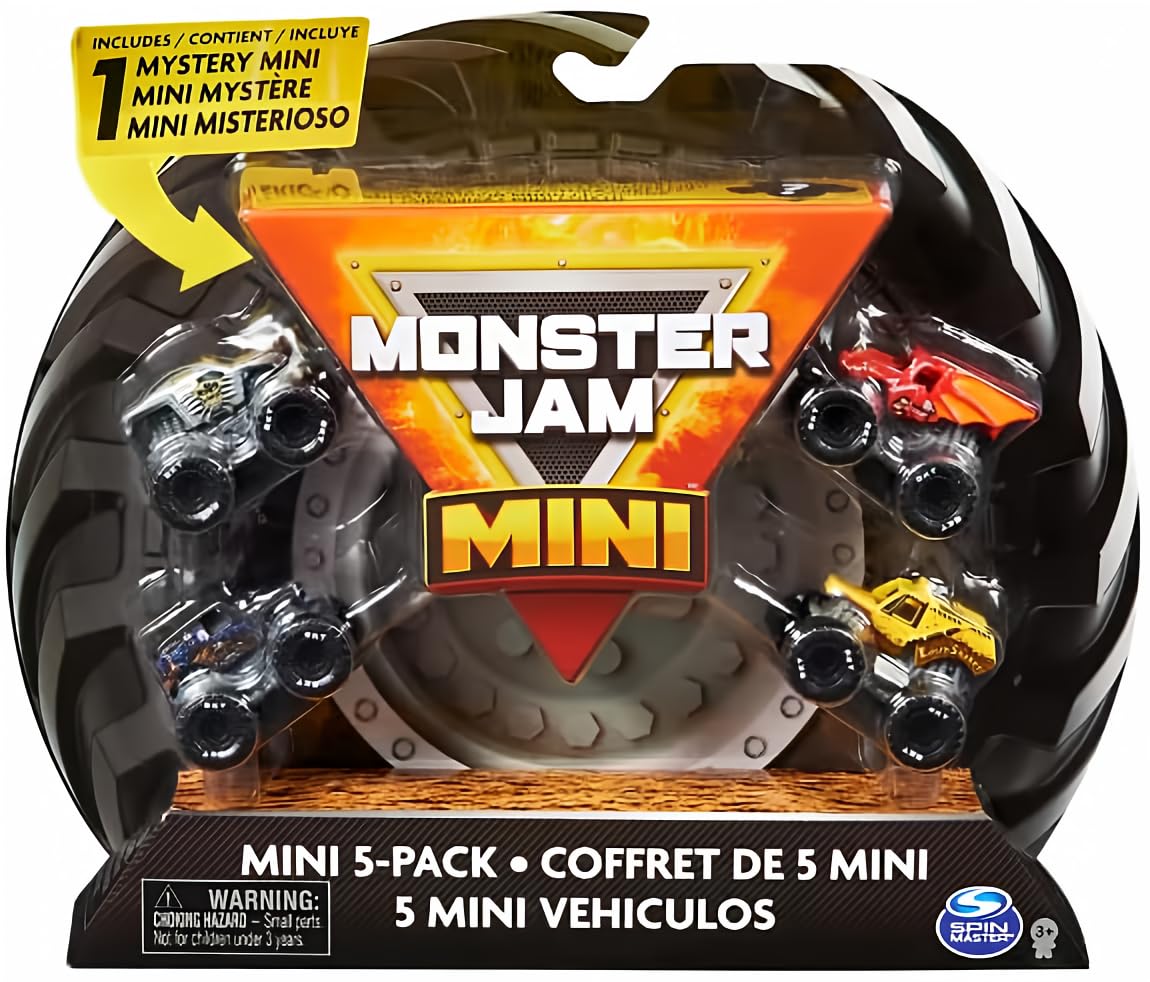 Monster Jam Mini five-pack trucks with bold graphics for collect-and-race play.