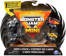 Monster Jam Mini five-pack trucks with bold graphics for collect-and-race play.