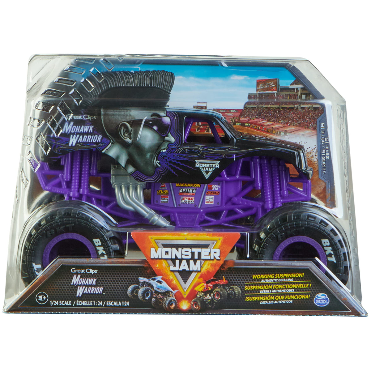 Monster Jam Mohawk Warrior 1:24 diecast, front view, ideal for display