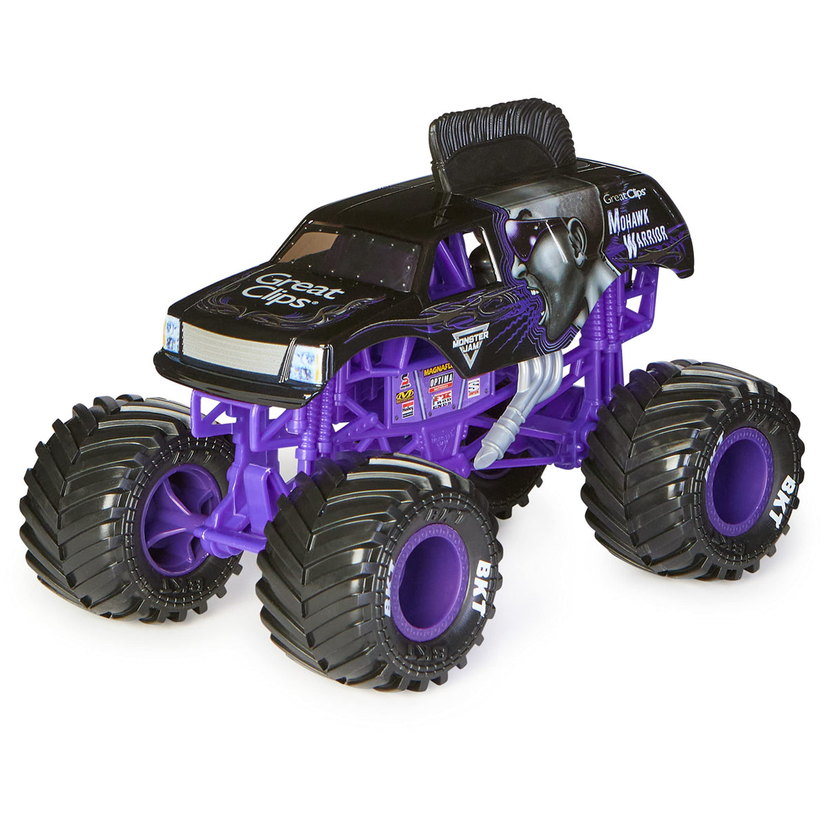 Monster Jam Mohawk Warrior 1:24 diecast, rear view, perfect for collection care