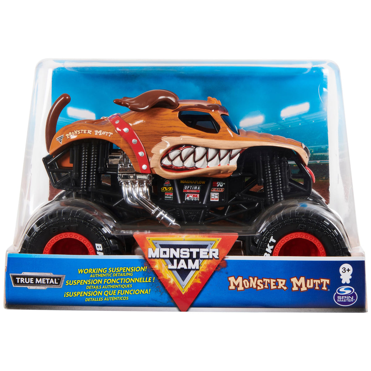 Monster Jam Monster Mutt 1:24 scale truck on display-ready stand with authentic graphics.