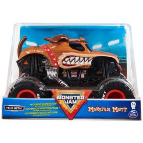 Monster Jam Monster Mutt 1:24 scale truck on display-ready stand with authentic graphics.