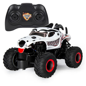 Monster Jam Monster Mutt Dalmatian RC truck front view with authentic graphics for high-energy play.