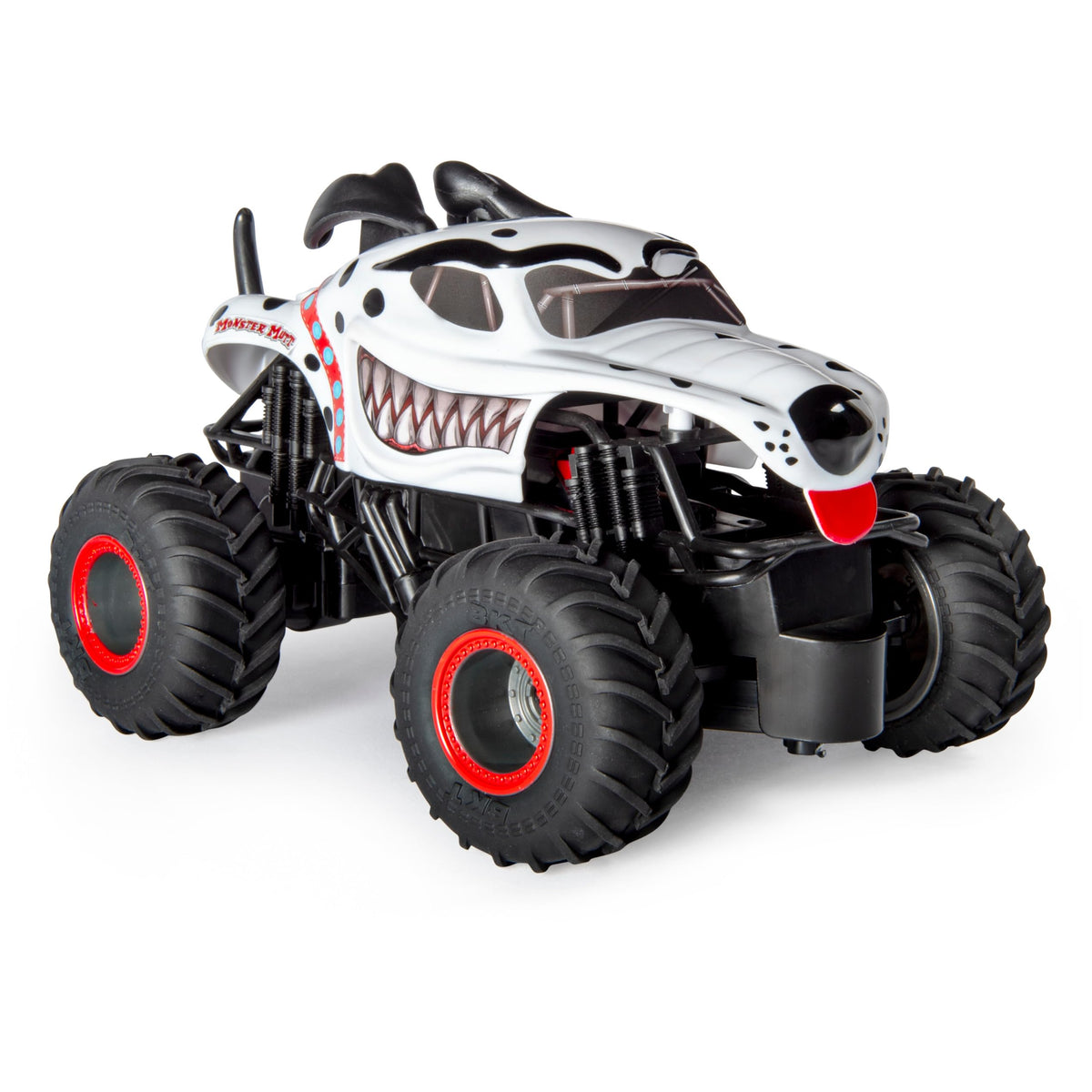 Monster Jam Monster Mutt Dalmatian RC truck pack-race layout demonstrates multi-truck compatibility.