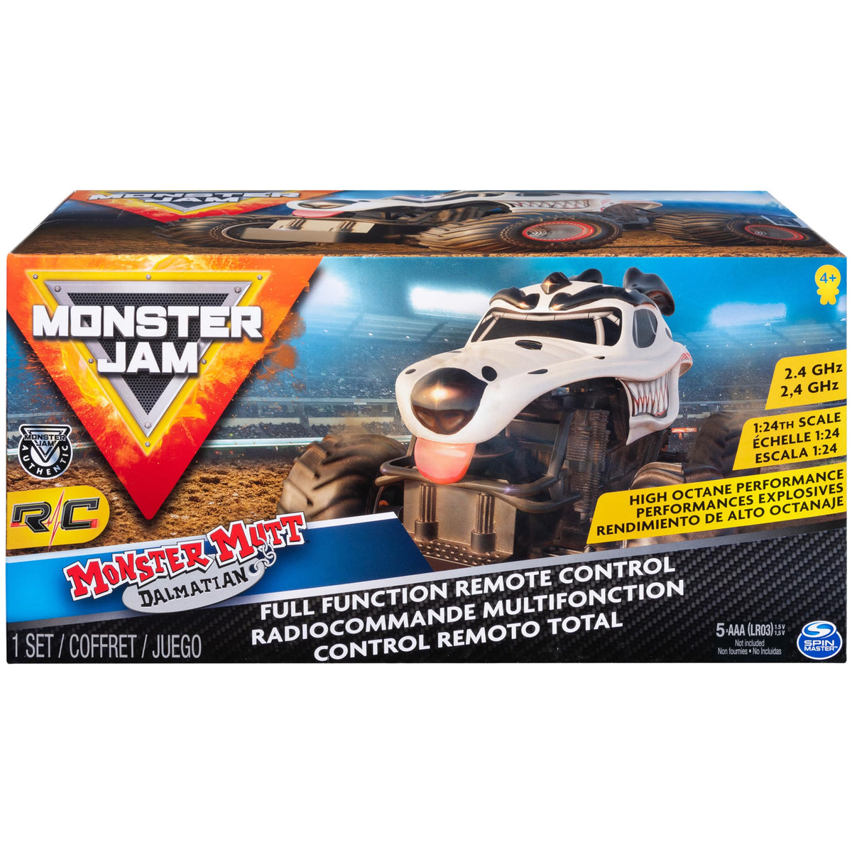 Monster Jam Monster Mutt Dalmatian RC truck side shot highlighting rugged tires for outdoor fun.