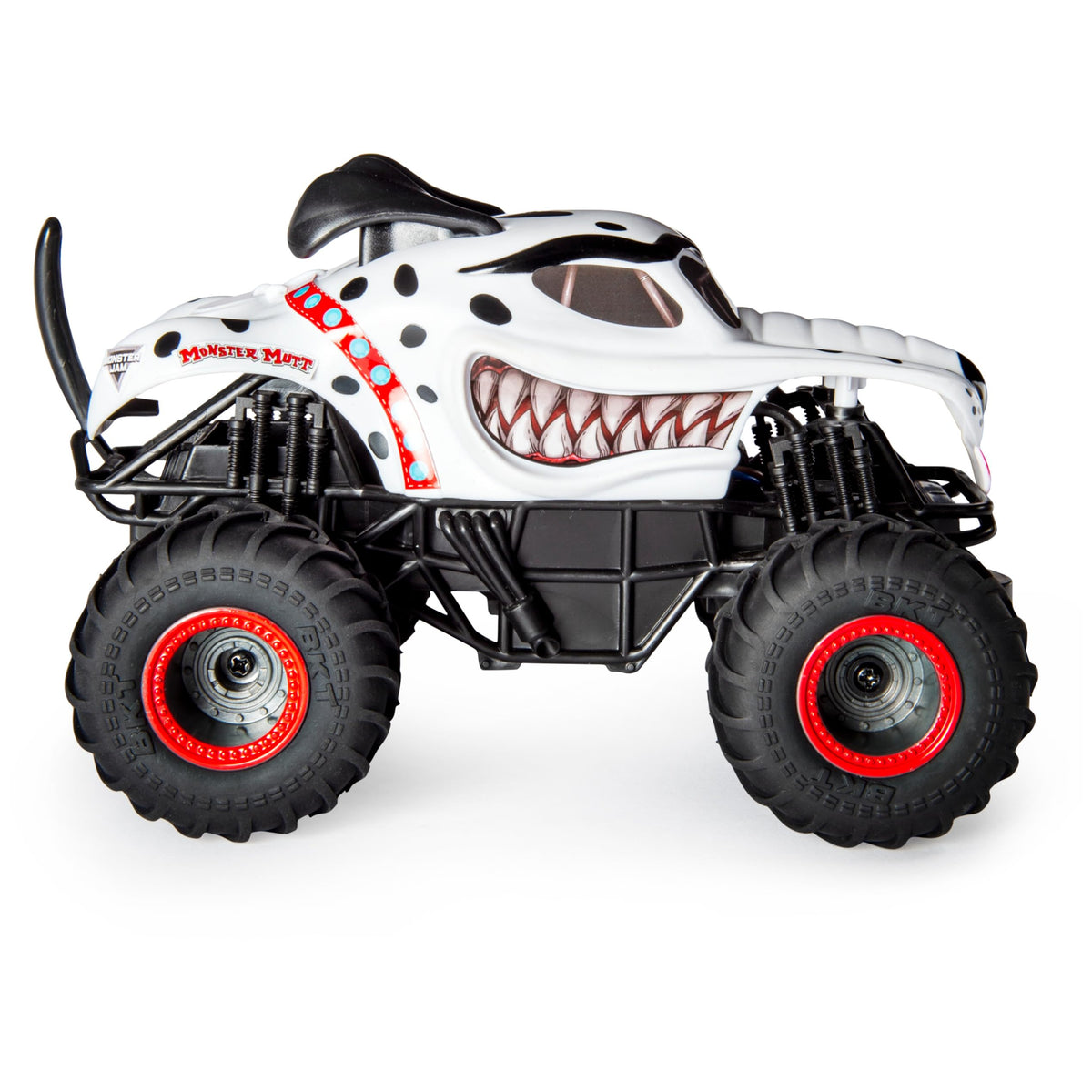 Monster Jam Monster Mutt Dalmatian RC truck in-flight stunts emphasizing big air potential.