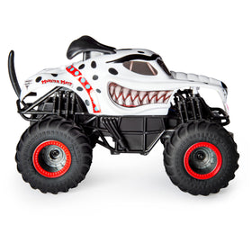 Monster Jam Monster Mutt Dalmatian RC truck in-flight stunts emphasizing big air potential.