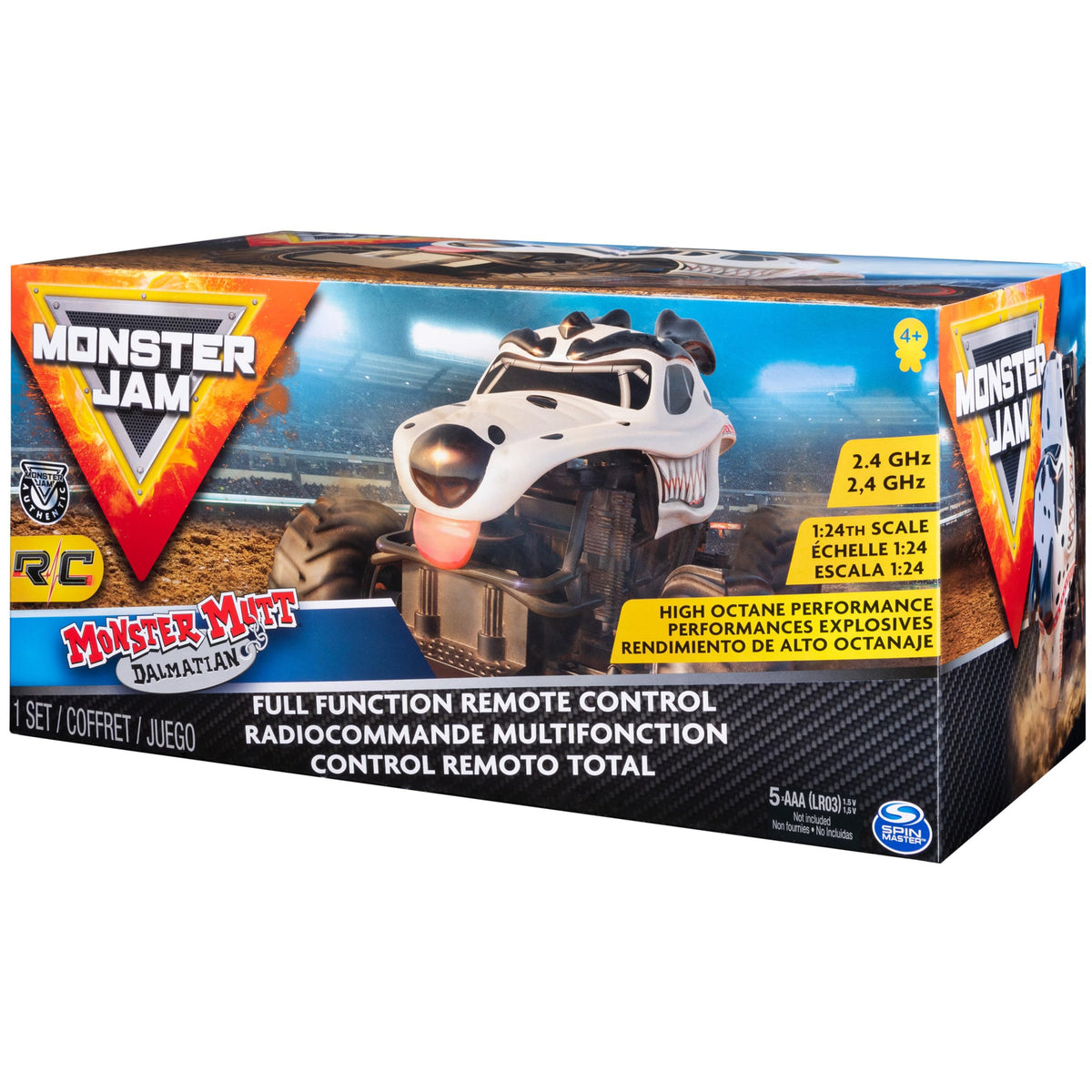Monster Jam Monster Mutt Dalmatian RC truck close-up on authentic BKT tires.