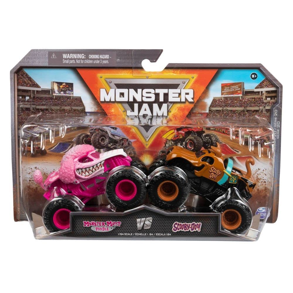 Monster Jam Monster Mutt Poodle vs Scooby-Doo 1:64 die-cast trucks for action-filled play.
