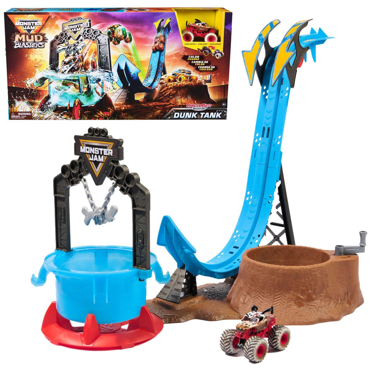 Monster Jam Mud Blasters Dunk Tank Playset with dunk action enhances imaginative play.