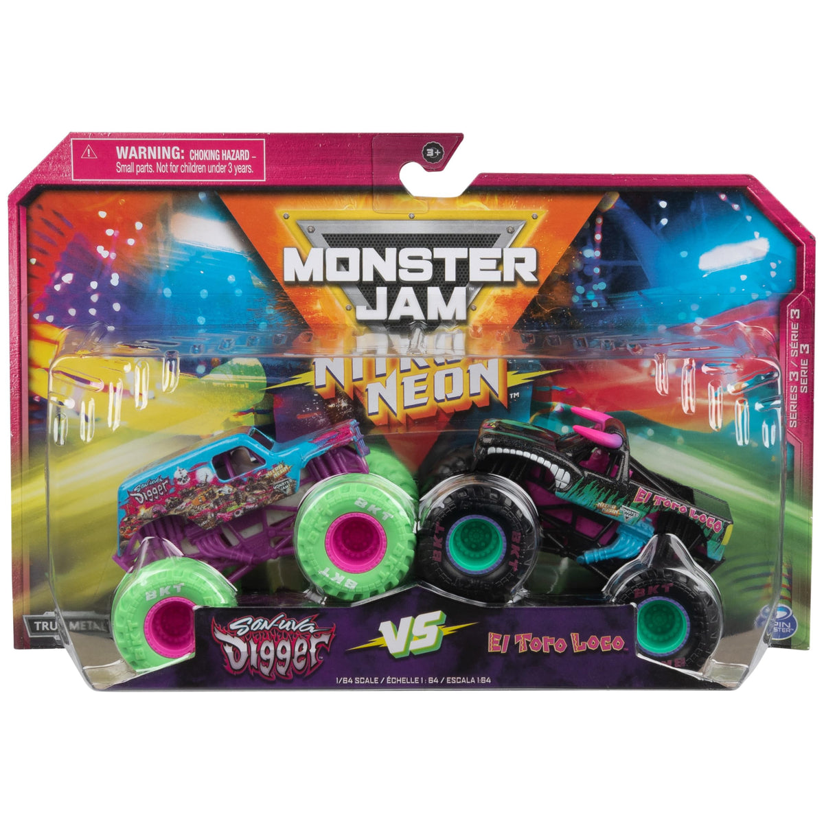 Monster Jam Nitro Neon 2-pack front view highlights neon styling for display and play