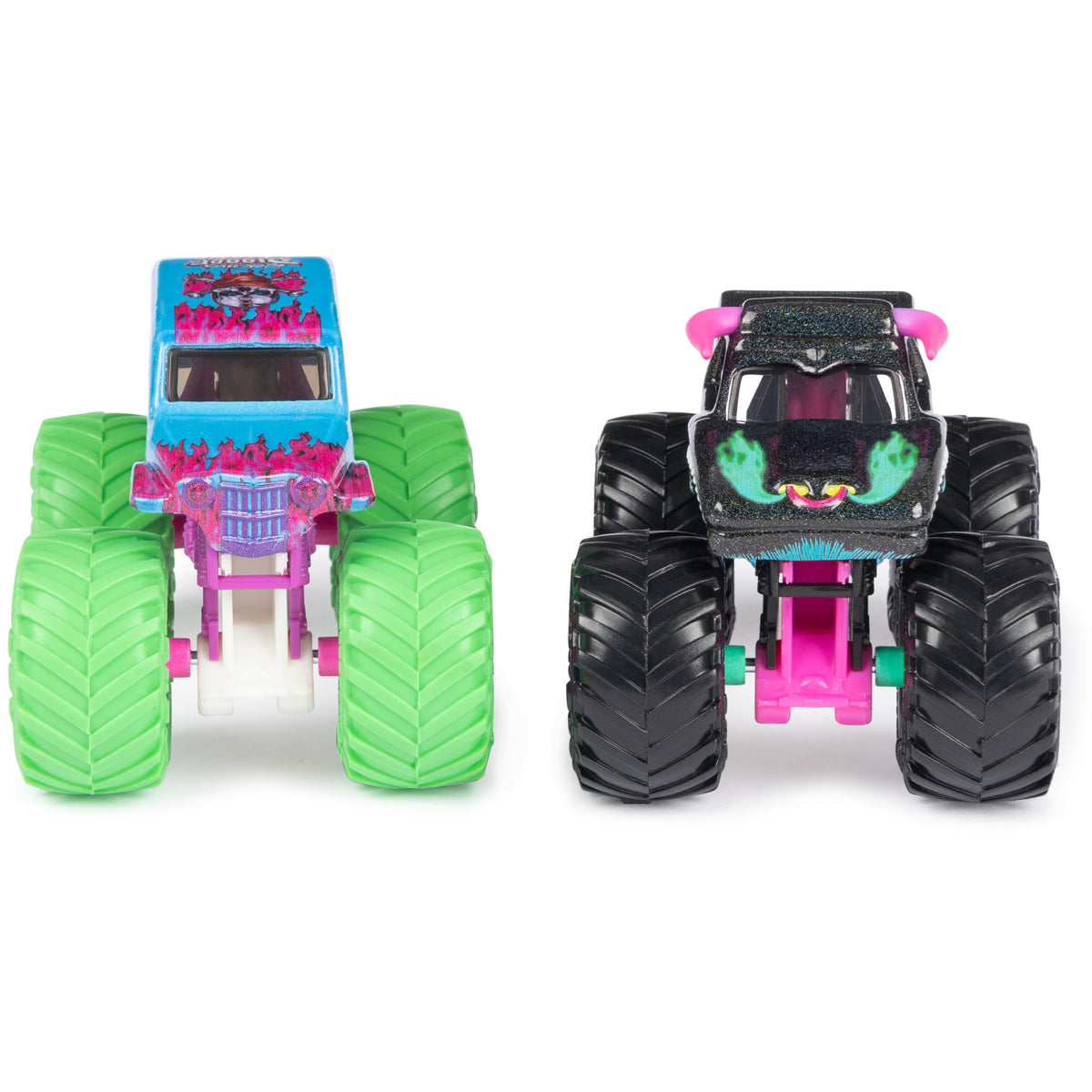 Monster Jam Nitro Neon 2-pack side view shows authentic chrome and neon accents