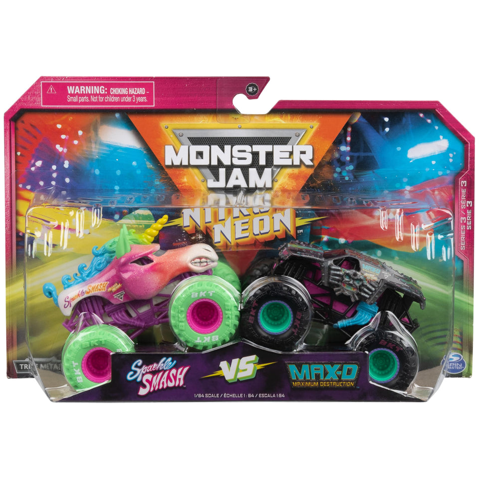 Monster Jam Nitro Neon Sparkle Smash front view highlights neon finish for display and play