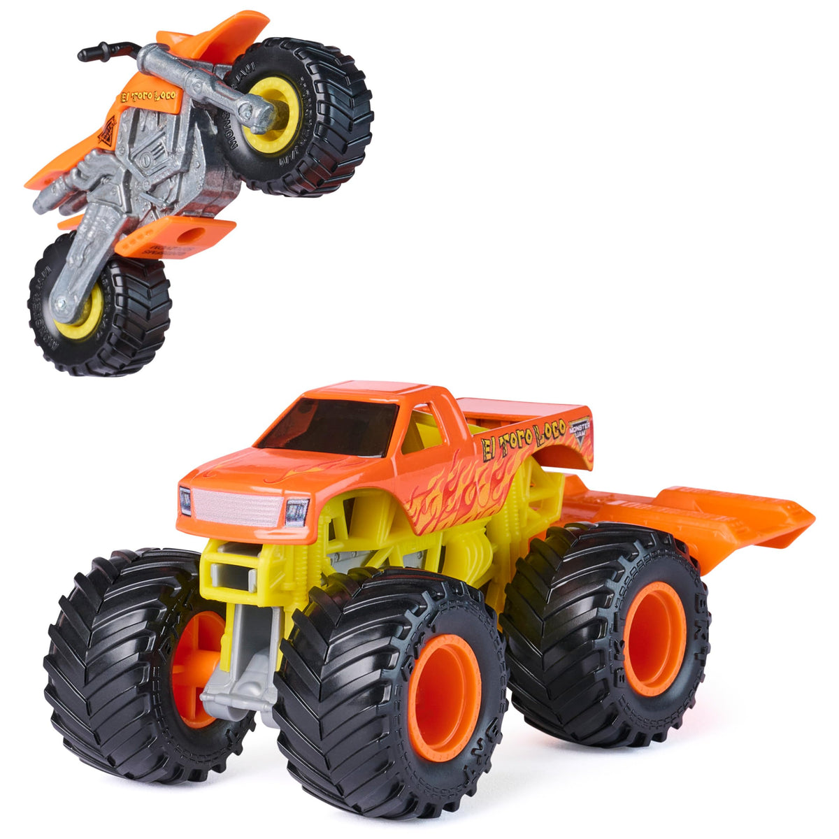 Official BKT tires and stylized rims on the Monster Jam truck for realism.