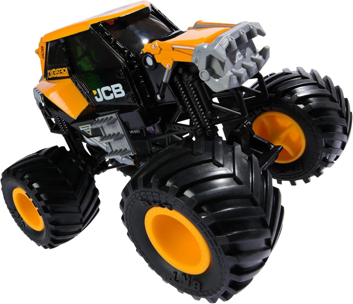 Monster Jam Official JCB DIGatron 1:24 working suspension absorbs impacts during exciting demonstrations.